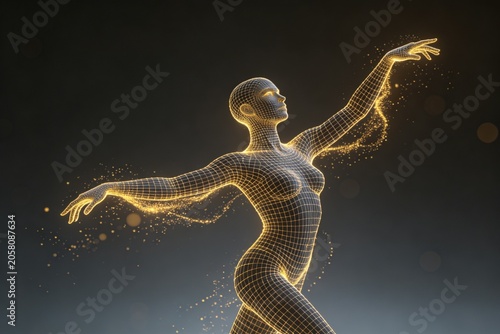 Glowing wireframe digital woman