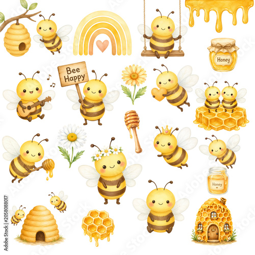 Cute Honey Bee Watercolor Clipart Set with Beehive, Honey Jar, Honeycomb, Flowers and Rainbow