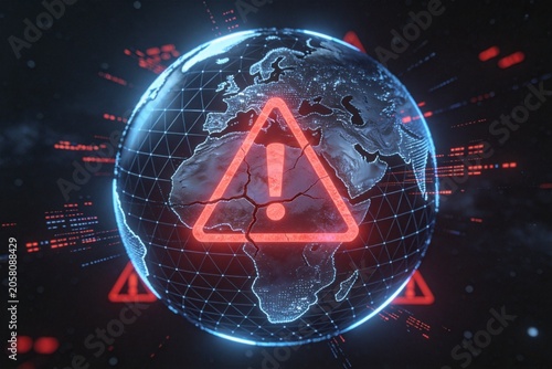 Digital globe with warning symbol