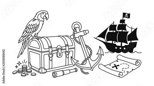 Cuadro en lienzo A collection of pirate themed items including a treasure chest ship parrot and map