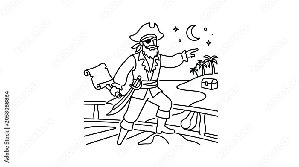Obraz premium Line art illustration of a pirate captain holding a treasure map on a ship deck.