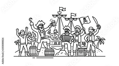 Fotografie Group of cheerful pirates celebrating on a tropical island with music and drinks