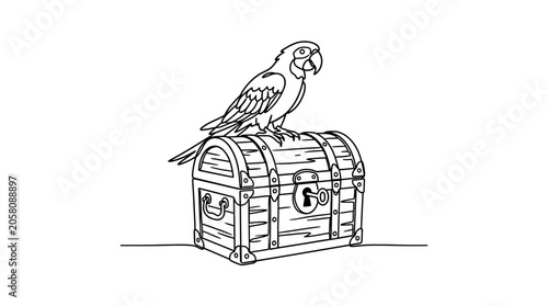A detailed black and white line art illustration of a parrot perched on a pirate treasure chest.