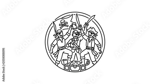 Tableau sur toile Line art illustration of three cheerful pirates celebrating with drinks and swords around a treasure chest
