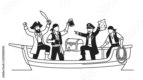 Fotografie Group of cheerful pirates celebrating with treasure on a small boat