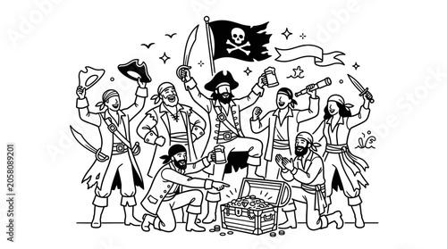 Fotografie Group of cheerful pirates celebrating with a treasure chest and flag