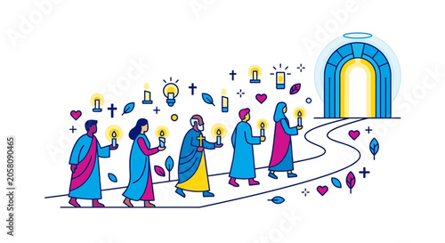 Foto Spiritual Journey: People with Candles Walk Towards Glowing Archway of Hope