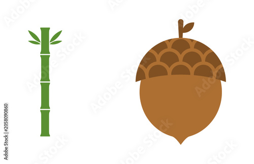 Quadro su tela Minimalist flat vector icons of green bamboo stalk and brown acorn
