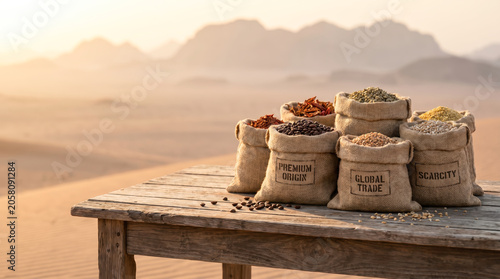 Desert Market Scene with Spices Rustic Wooden Table