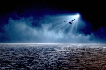 A solitary bird takes flight through a dramatic, misty sky illuminated by a powerful beam of light.