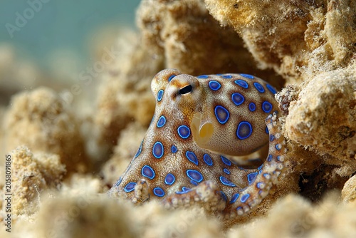 A Small Blue-Ringed Octopus with Vivid Blue Rings Nestled Amongst Rocky Coral
