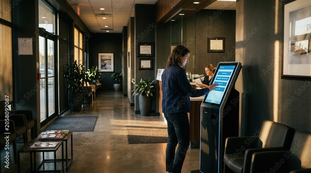 Fototapeta premium Modern Reception Area With Digital Check-in Kiosk Improving Patient Experience