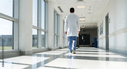 Medical Doctor in White Coat Walking Down Bright Hospital Corridor