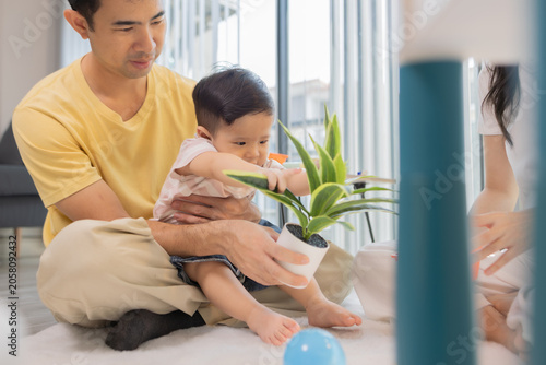 
Warm sunlight streams through blinds. Family of three smiles softly in cozy room. Mother holds infant close, father looks lovingly on. Green plant adds freshness to minimalist shelves
