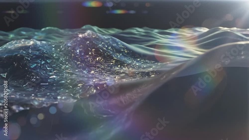 Iridescent flowing fluid waves with rainbow lens flares.