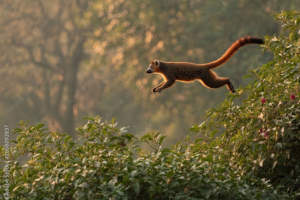 Fototapeta premium Agile lemur leaping through lush green forest branches with a long, bushy tail, captured in golden sunlight