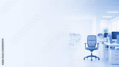 Empty blue office chair in a bright modern office with copy space, recruitment and labor shortage concept