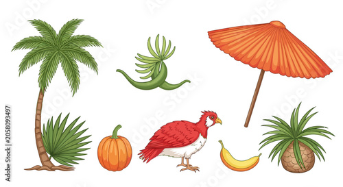 Tropical island elements collection with palm trees birds and exotic fruits isolated on white