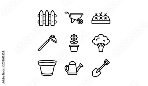 Tablou pe pânză Flat Outline Garden Elements Icon Pack Featuring Tools, Plants and Vegetables fo