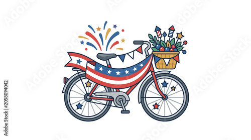 American bicycle with patriotic decorations and fireworks