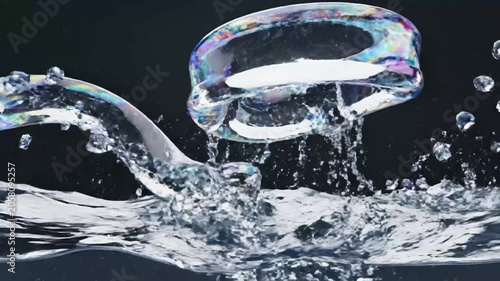 Iridescent glass ribbon floating over calm water surface.