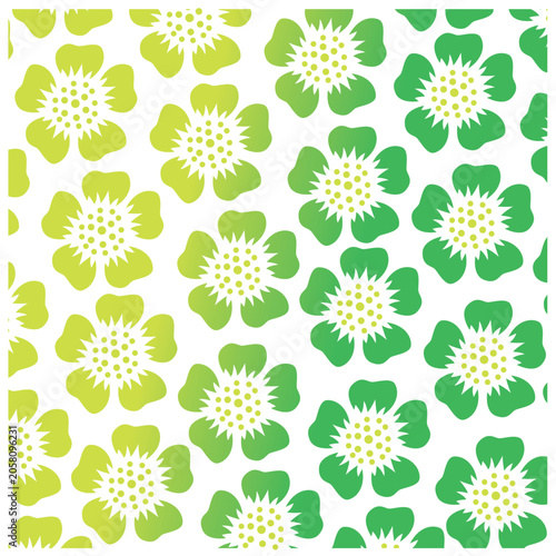Seamless Stylized Green and Yellow Floral Pattern with Abstract Flowers on White Background