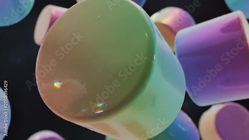 Iridescent holographic floating cylinders on dark background