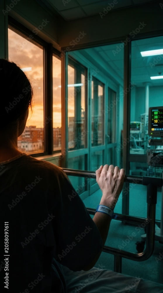 Fototapeta premium Patient Gazing Out Hospital Window At Sunset Hope And Resilience In Healthcare