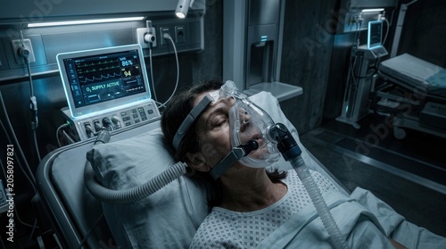 Patient In Hospital Bed With Ventilator Mask Connected To Medical Equipment