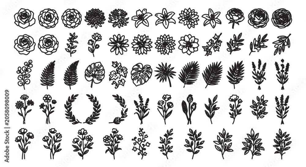 Fototapeta premium Hand drawn botanical line art collection, set of 60 floral icons and tropical leaf sketches, black ink garden flower illustrations for wedding branding