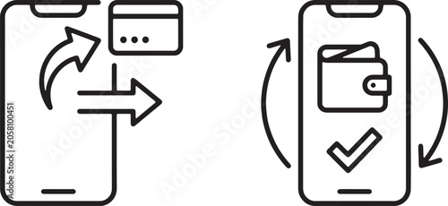 Fotografi Art & Illustration, Smartphone banking icons illustrating an outgoing monetary remittance with transaction directional arrows next to a mobile secure checkmark loop