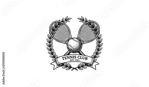 Quadro em tela Tennis club vintage emblem vector illustration, retro hand drawn engraving style