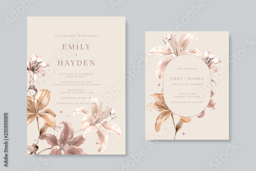 Elegant wedding invitation and save the date template card set with watercolo...