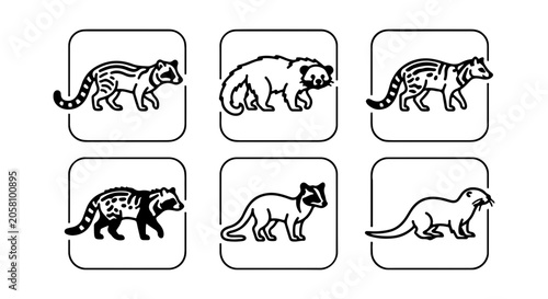 Canvas Print Various wild animals outline icons, white background, vector Illustration