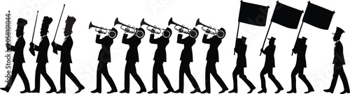 Fotografi Black silhouette marching band, protest parade, vector icons, demonstration marc