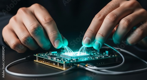 Professional Hands Working on Green Circuit Board with Glowing Wires