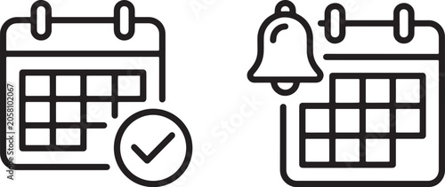 Φωτογραφία Art & Illustration, Time tracking line icons portraying a calendar grid with a successful completion checkmark next to a task schedule carrying an alert bell