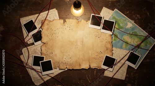 Vintage Detective Desk with Maps and Blank Paper Space