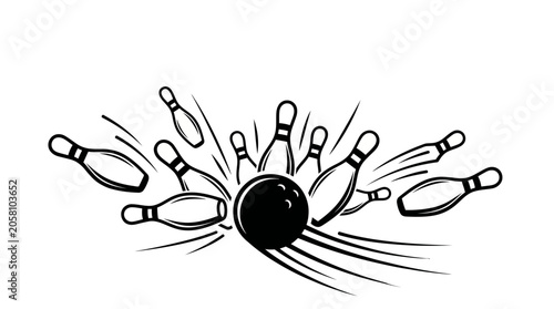 Photos Black and white illustration of a bowling ball striking pins.