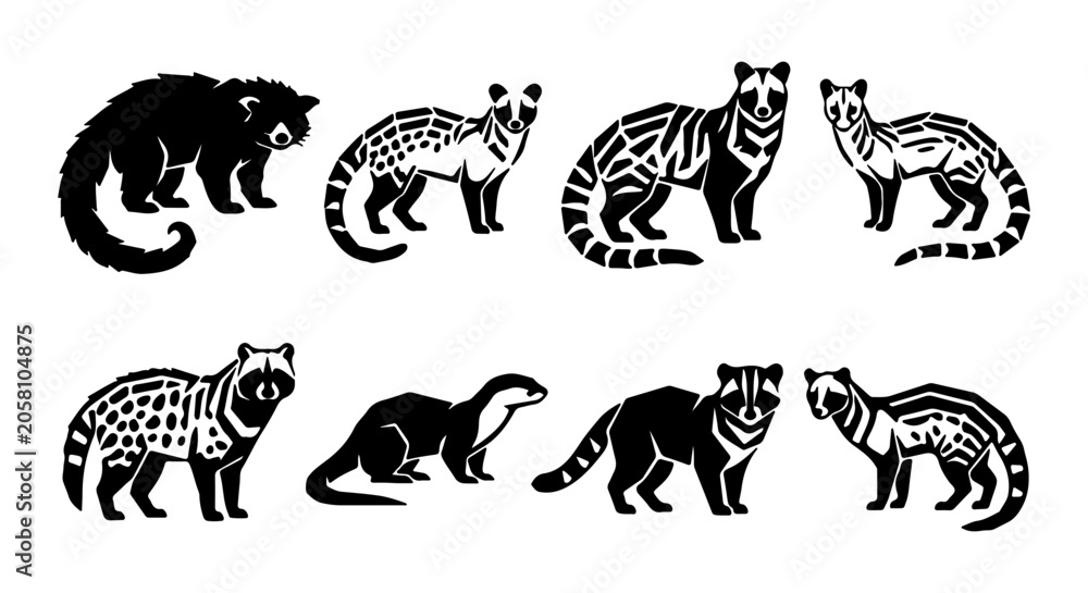 Obraz premium Civet and Otter icons set, silhouette and outline styles, white background, vector Illustration