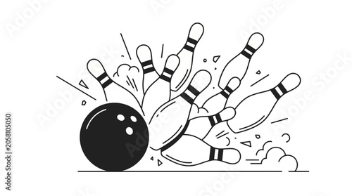 Tableau sur toile A dynamic black and white illustration of a bowling ball striking pins