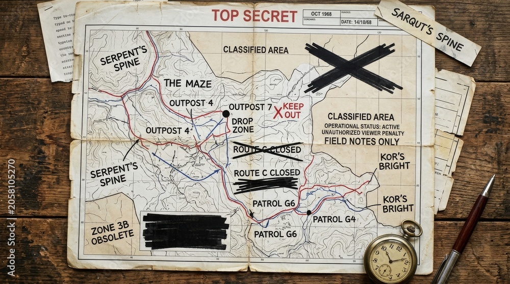 Fototapeta premium Top Secret Vintage Tactical Map With Redactions On Wooden Table