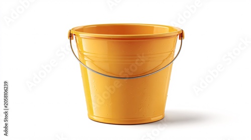 Bright yellow metal bucket with handle on white background for gardening or cleaning use