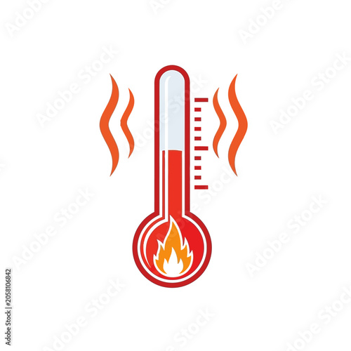 Simple red thermometer icon showing high temperature and heat with flame symbol