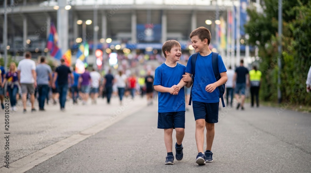 Fototapeta premium Brothers Walking Together to Watch Local Football Match