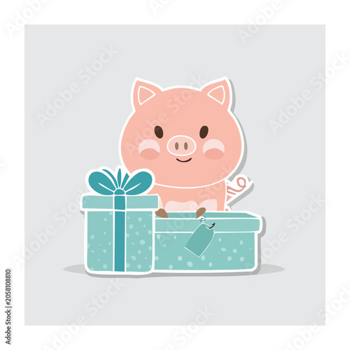 Cute cartoon pig with gift box illustration