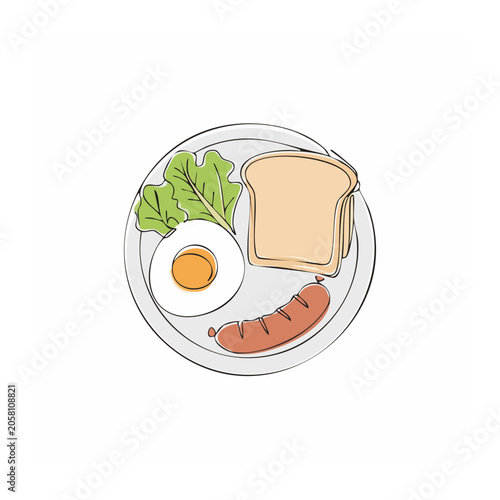 Flat design breakfast plate with egg, sausage, toast and lettuce