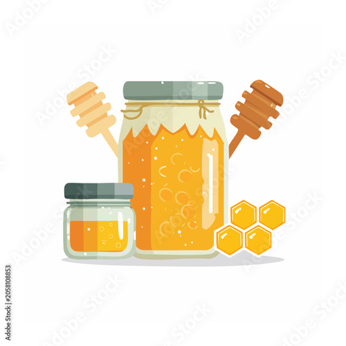 Flat Design Illustration of Honey Jar with Dipper and Honeycomb