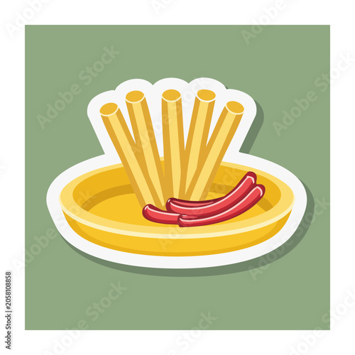 Flat Design Illustration of Hot Dog and Fries on Plate