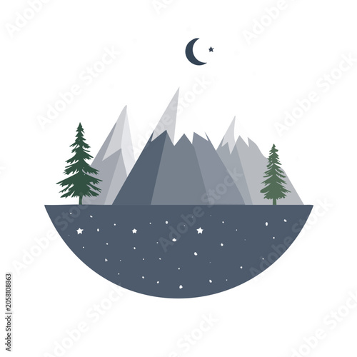 Flat design mountain landscape with moon and stars